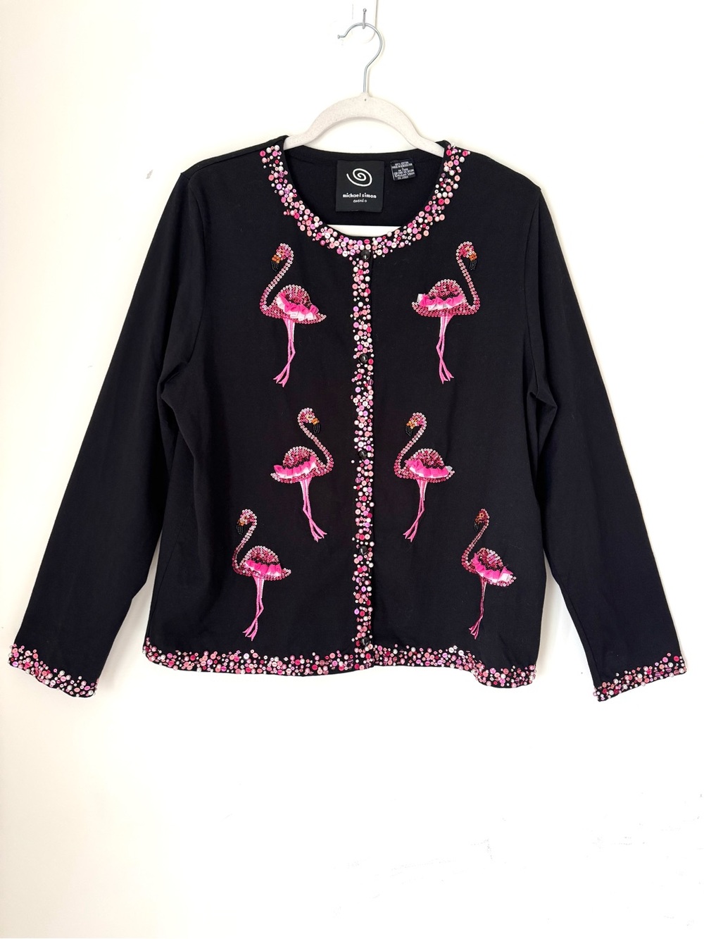 Rare y2K Michael Simon Pink Flamingo Beaded Cardigan Sz Large
